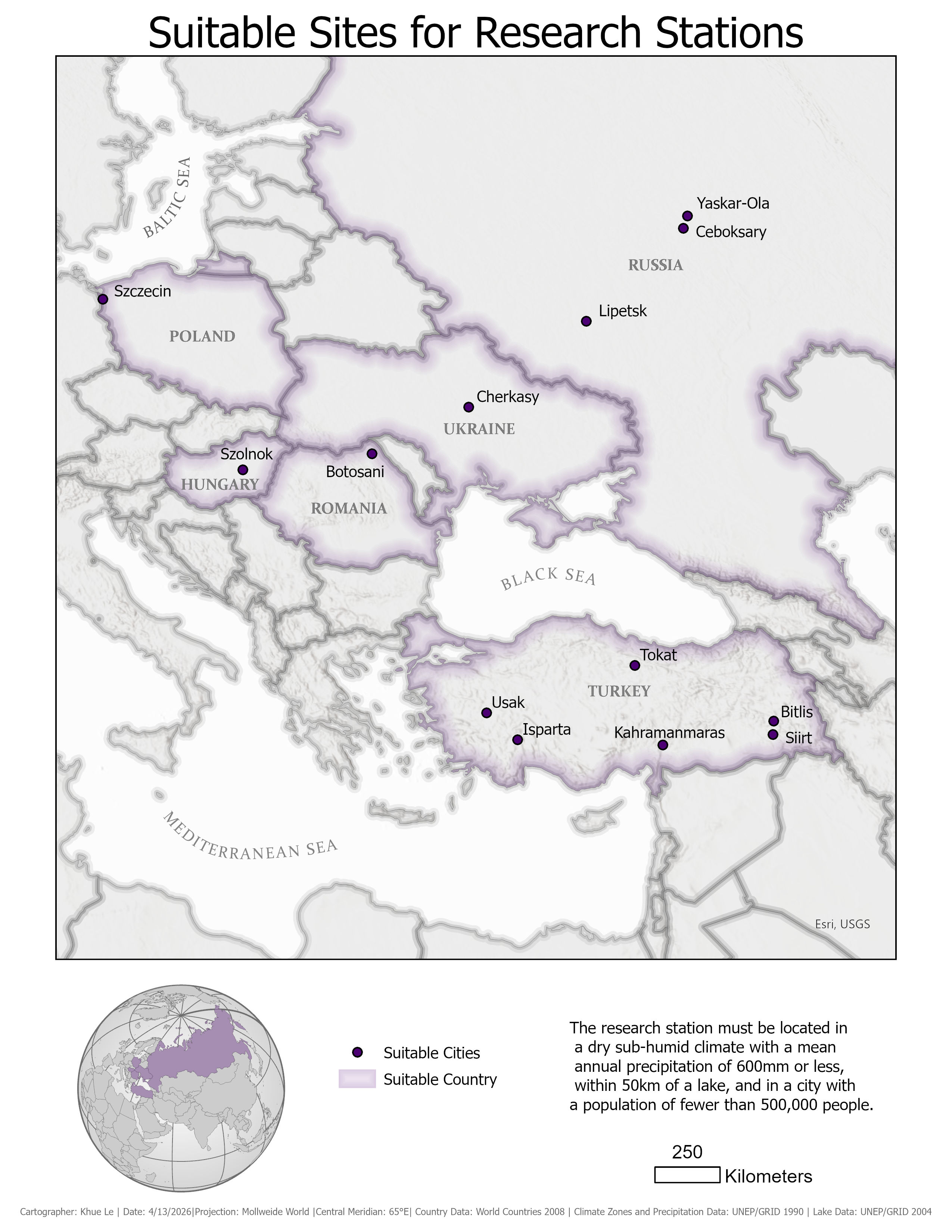 Map of suitable cities for research stations across Eastern Europe, Turkey, and western Russia