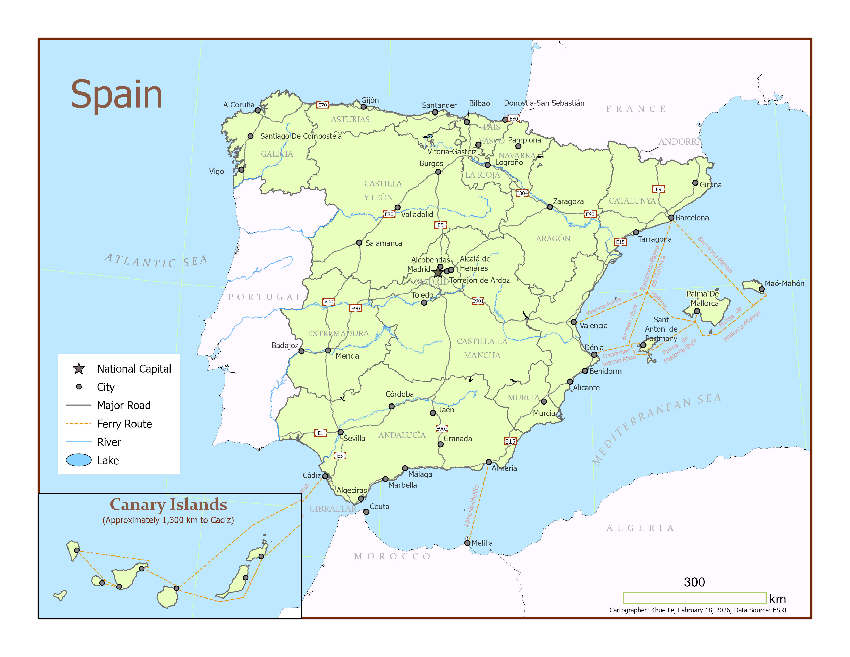 Reference map of Spain and the Canary Islands, with cities, roads, ferries, rivers, and lakes