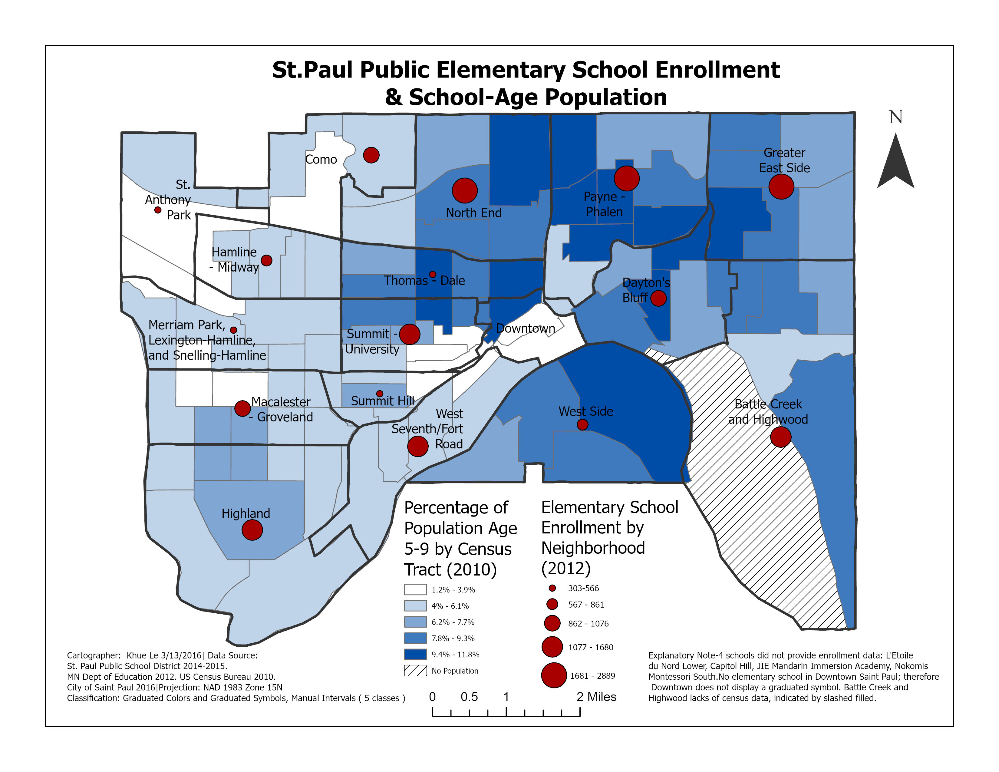 Map of St. Paul elementary school enrollment and the percentage of the population ages 5 to 9 by neighborhood